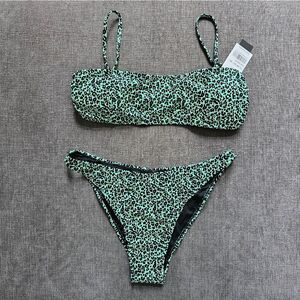 Kendall & Kylie Women 2 Piece Leopard Bikini Set Neon Green Black swimsuit Large